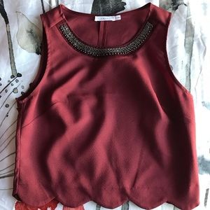Lush maroon scalloped top and skirt set